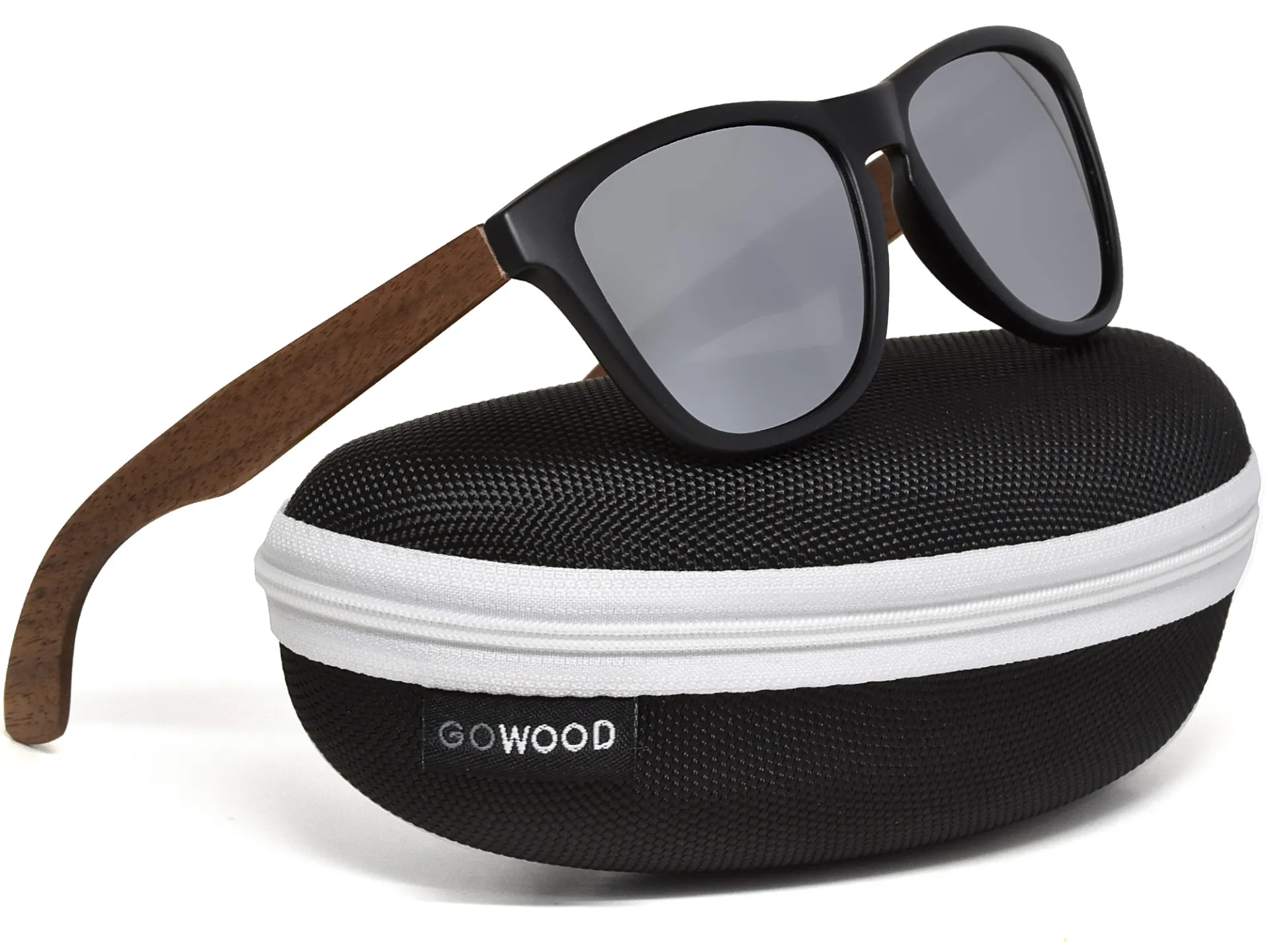 Classic walnut wood sunglasses with silver mirrored polarized lenses