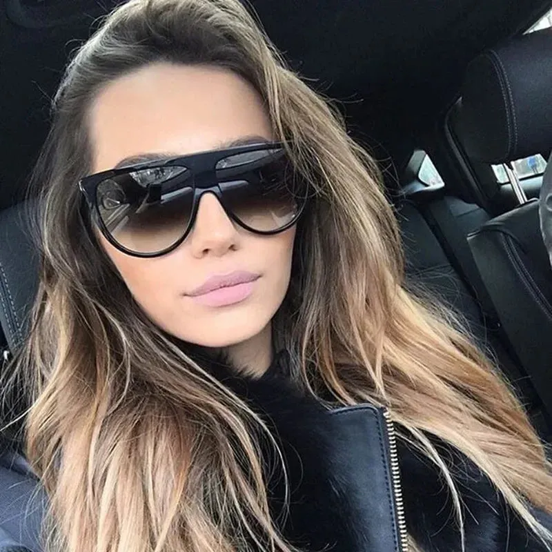 Fashion Retro Flat Top Pilot Luxury Designer Oversized Black Sunglasses