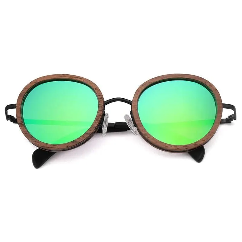 Polarized Round Wooden Metal Frame Sunglasses for Women