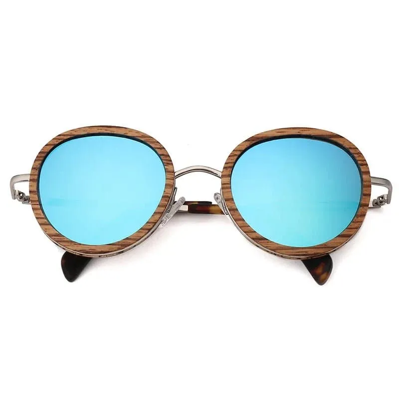 Polarized Round Wooden Metal Frame Sunglasses for Women