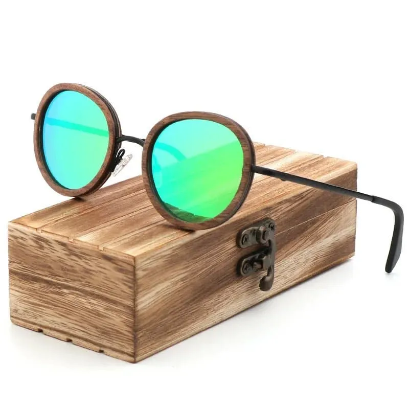 Polarized Round Wooden Metal Frame Sunglasses for Women