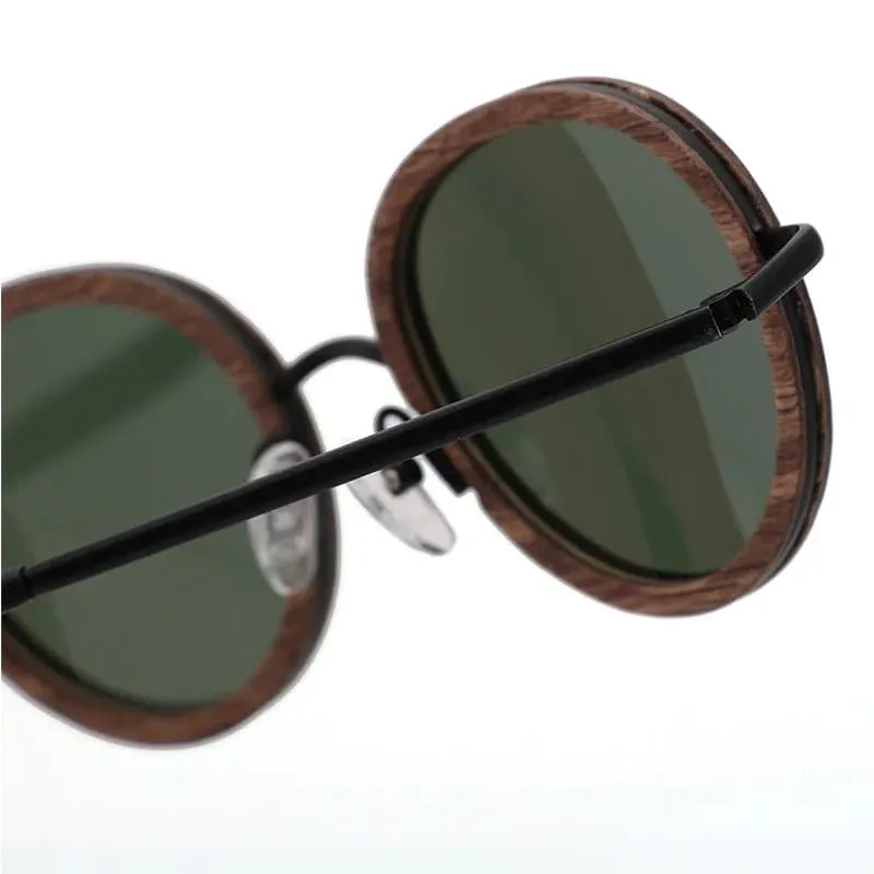 Polarized Round Wooden Metal Frame Sunglasses for Women