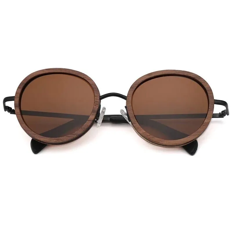 Polarized Round Wooden Metal Frame Sunglasses for Women