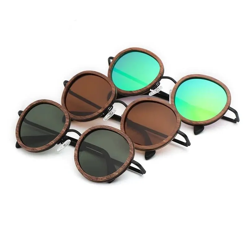 Polarized Round Wooden Metal Frame Sunglasses for Women