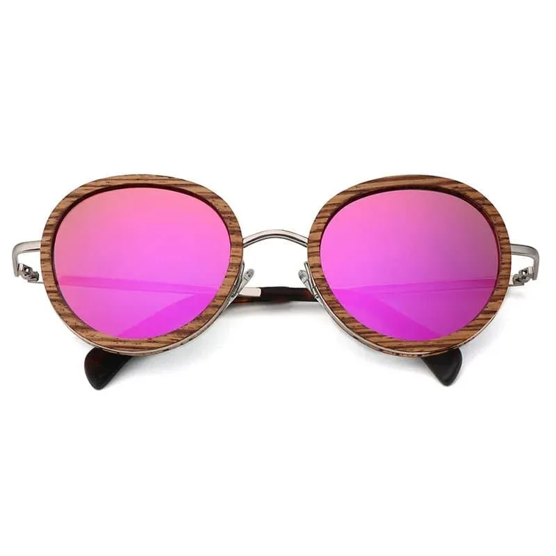 Polarized Round Wooden Metal Frame Sunglasses for Women