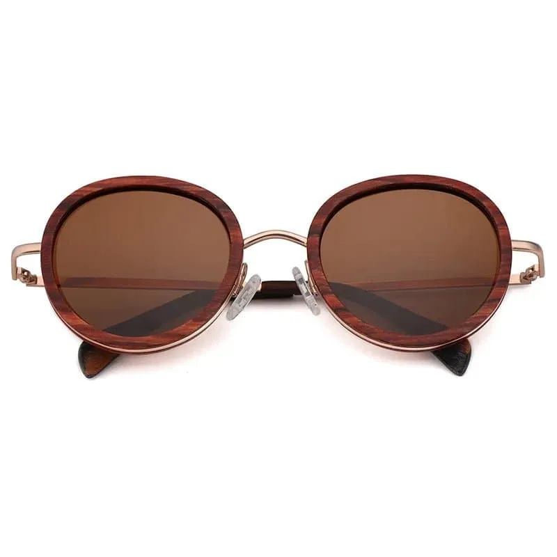 Polarized Round Wooden Metal Frame Sunglasses for Women