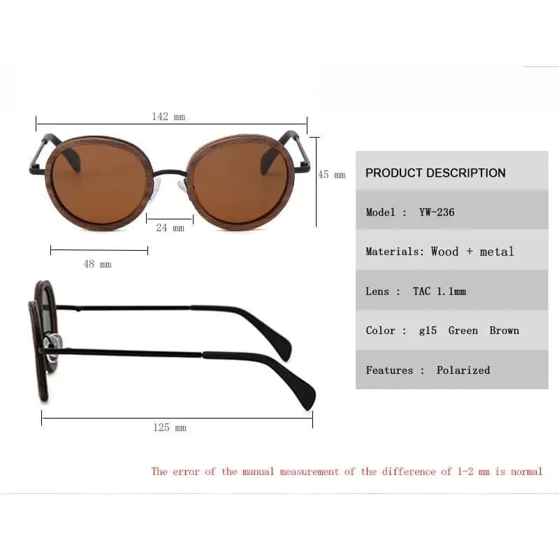 Polarized Round Wooden Metal Frame Sunglasses for Women