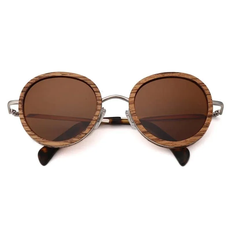 Polarized Round Wooden Metal Frame Sunglasses for Women