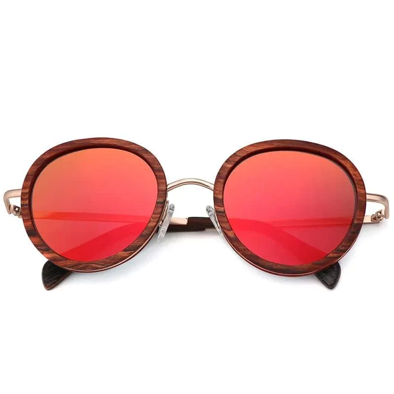 Polarized Round Wooden Metal Frame Sunglasses for Women