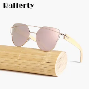 Ralferty Women's Cat Eye Bamboo Wood Mirror Sunglasses K1585