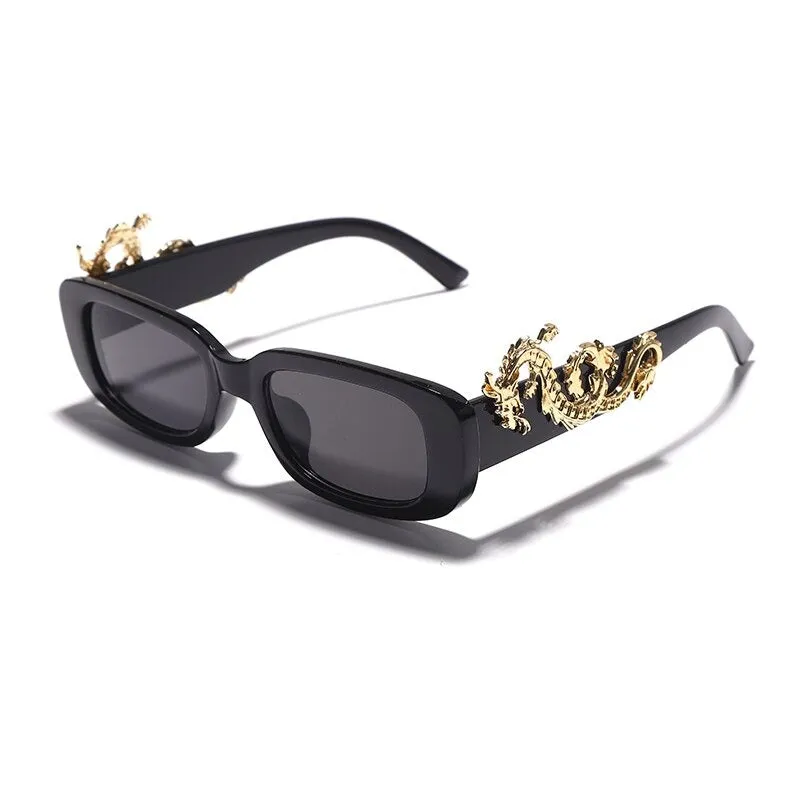 Retro Punk Rectangle Shape Sunglasses with Fierce Dragon