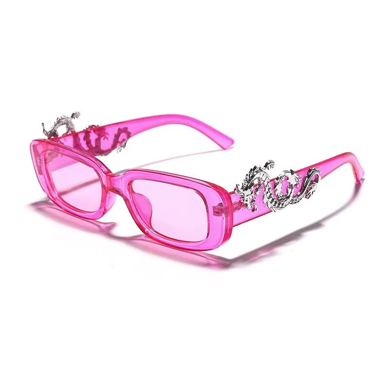 Retro Punk Rectangle Shape Sunglasses with Fierce Dragon