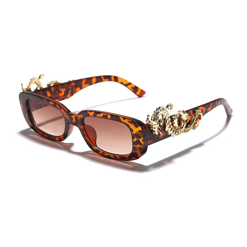 Retro Punk Rectangle Shape Sunglasses with Fierce Dragon