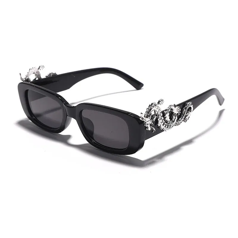 Retro Punk Rectangle Shape Sunglasses with Fierce Dragon