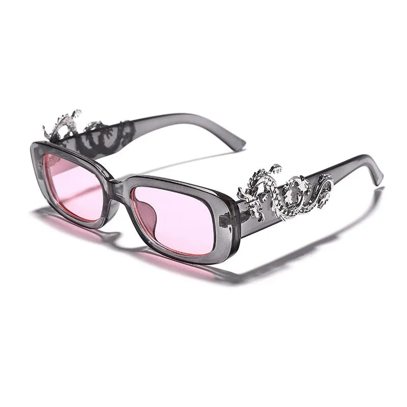 Retro Punk Rectangle Shape Sunglasses with Fierce Dragon