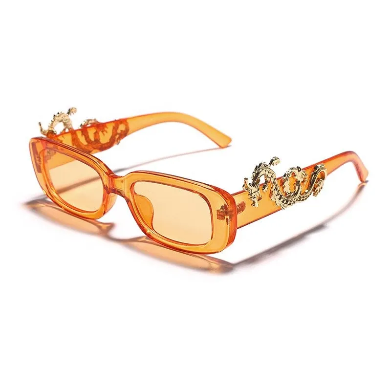 Retro Punk Rectangle Shape Sunglasses with Fierce Dragon