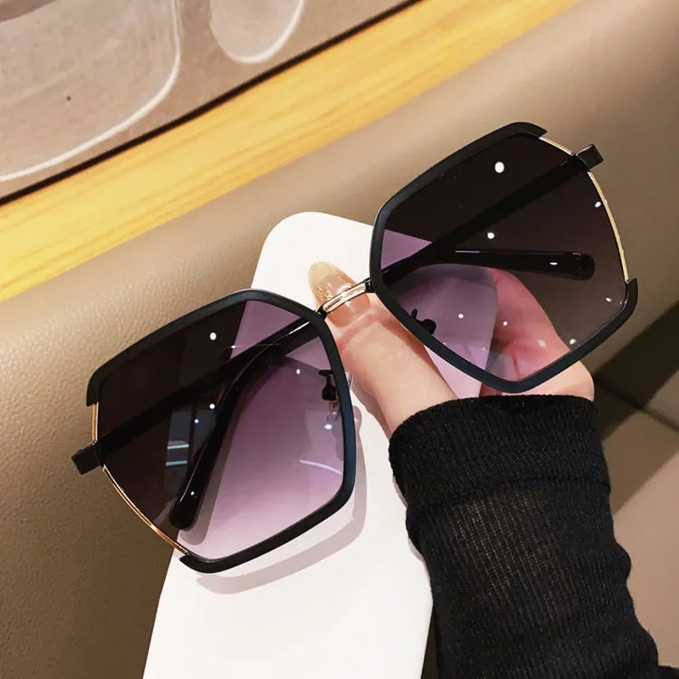 style ins style retro metal half-frame sunglasses for women, high-end, anti-UV, big face, slimming, trendy sunglasses