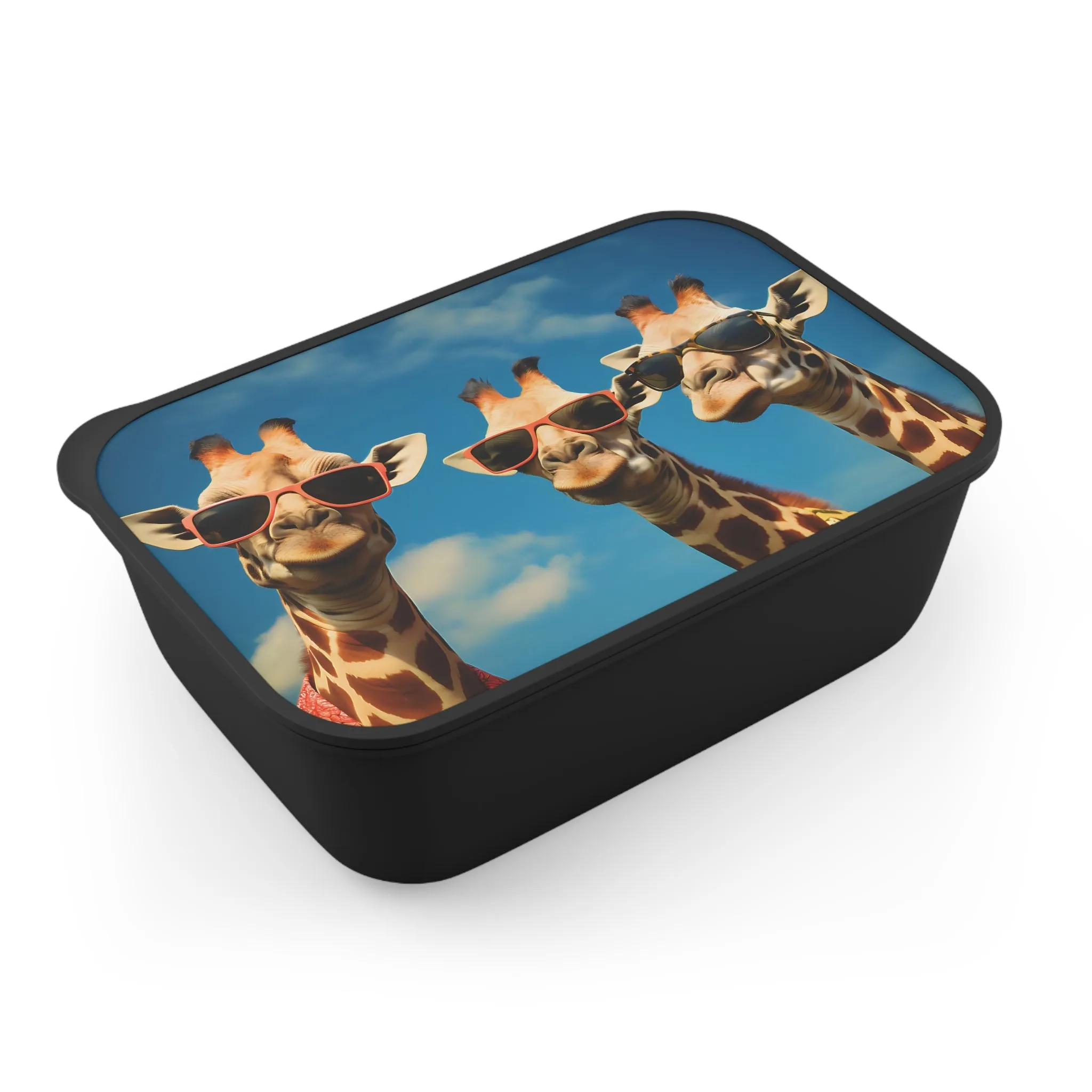 Three Beach Bum Giraffes in Sunglasses | PLA Bento Box with Band and Utensils